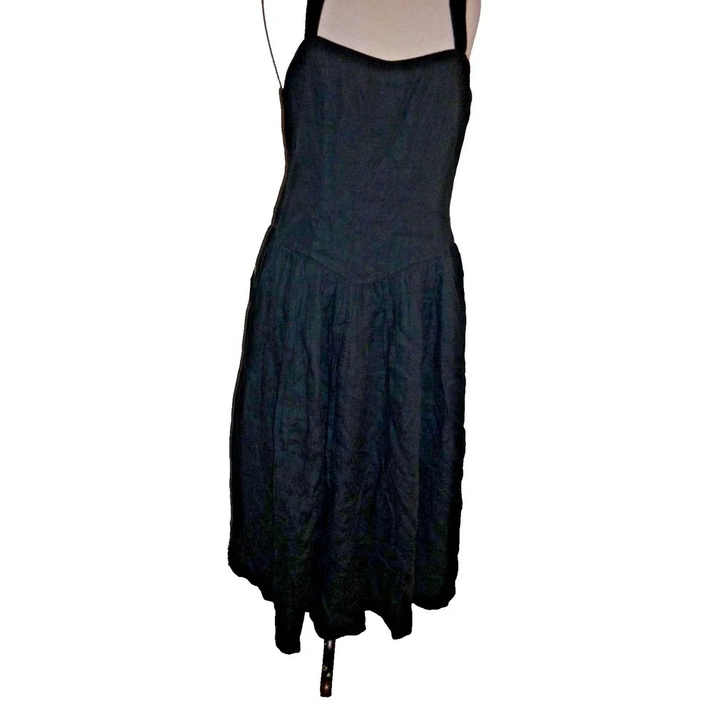 The Drop Black Linen Blend Smocked Back Midi Dress Sleeveless Square Neck Large - Picture 2 of 7